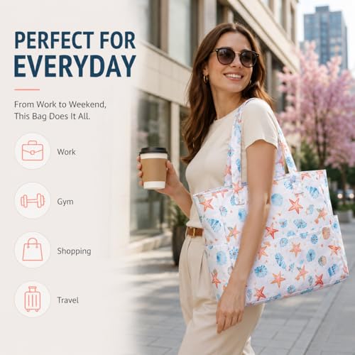 LEDAOU Beach Bag Waterproof Sandproof Women Beach Tote Pool Bag with Zipper for Swim Gym Grocery Travel with Wet Pocket | Sandproof - color: Starfish Shell