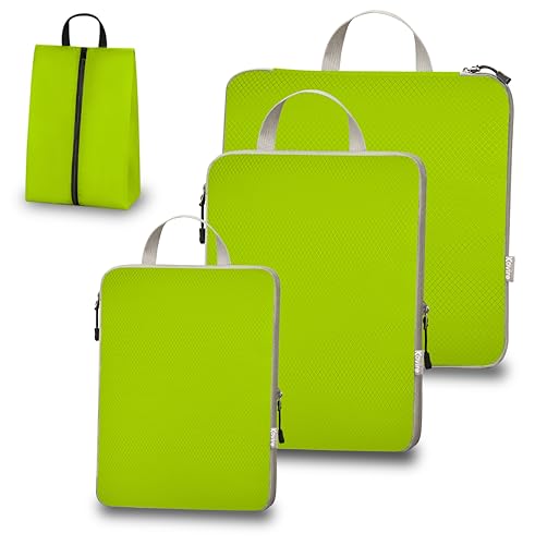 4 Set Compression Packing Cubes for Travel Expandable Packing Organizer Bag | Water-Resistant Suitcase Bags with Shoe Bag, Ultralight Storage Travel Bags for Carry-on Luggage, M L XL Sizes, Green - color: Green, size: Set of 4