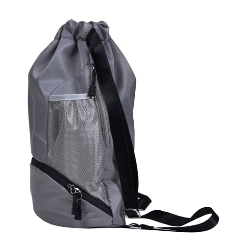 Nupouch Drawstring Backpack: Lightweight, Water-Resistant, Reflective Gym Bag w/Shoe Compartment for Travel, Hiking, Sports - color: Gray