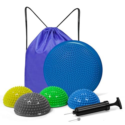 Wobble Cushion Set for Sensory Kids and Balance Training - Disc Plus 4 Pods, Board With Pump, Inflatable Stepping Pads for Adults - color: Blue