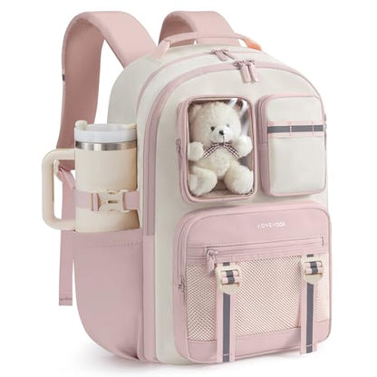 LOVEVOOK Cute School Backpack for Girls Ages 8-14, Bookbag with Plush Bear & Clear Display Pocket, Fits 15.6 Inch Laptop & 40oz Tumbler, Back to School Backpack for Elementary & Middle School - color: Pink / Off-white
