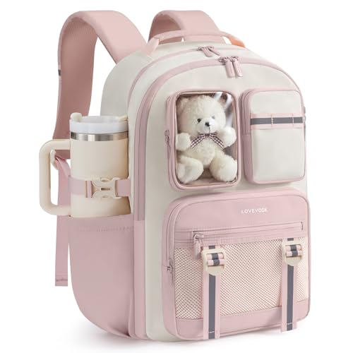 LOVEVOOK Cute School Backpack for Girls Ages 8-14, Bookbag with Plush Bear & Clear Display Pocket, Fits 15.6 Inch Laptop & 40oz Tumbler, Back to School Backpack for Elementary & Middle School - color: Pink / Off-white
