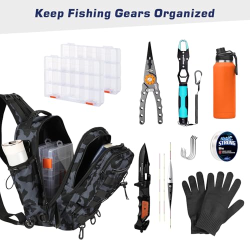 MoKo Fishing Backpack Sling Bag with Rod & Gear Holder, Nylon Waterproof Fishing Tackle Storage Bag for Fishing - color: Gray Camouflage