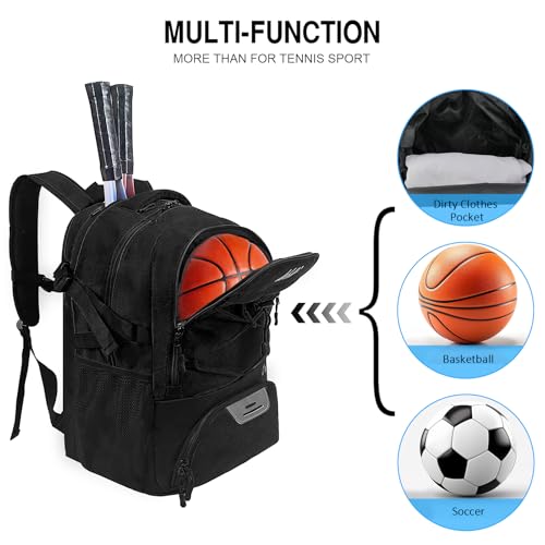 WOLT Tennis Bag - Large Tennis Racket Backpack for Men & Women - Ventilated Shoe Compartment - Holds 2 Rackets - color: Black