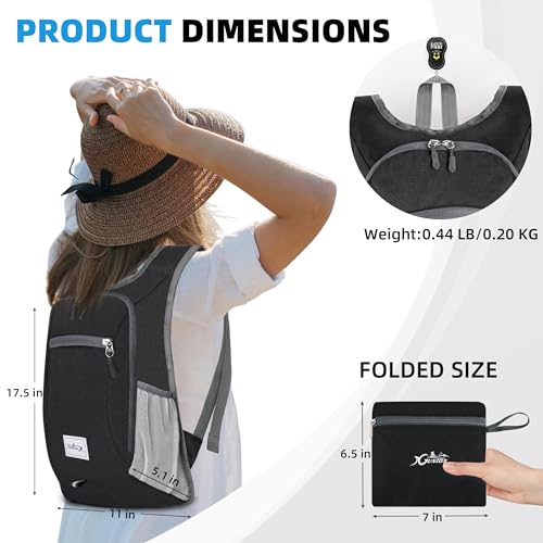 Xgunion Hiking Backpack 10L Small Travel Lightweight Daypack Foldable Hiking Packable Camping Hiking Backpacks for Women Men (Black) - color: Black