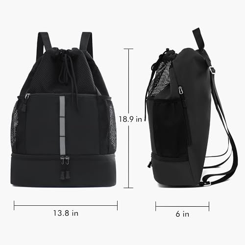 Sports Drawstring Backpack Swim Gym Bag with Wet Proof Pocket and Shoe Compartment for Men Women