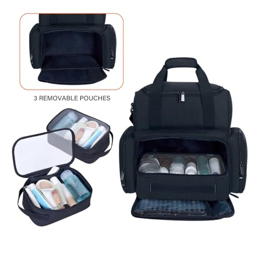 Large Makeup Cosmetic Bag with 3 Removable Case and 2 Removable Dividers Double Layer Travel Storage Organizer, Makeup Brushes Storage Section Black - color: Black