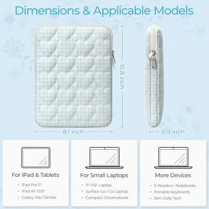 13-14 inch Cotton Quilted Laptop Sleeve for Women, Aesthetic Puffy Laptop Case Carrying Bag Compatible with MacBook Air/Pro 13/Pro 14, Soft Computer Liner Bag (Blue Gingham, 11.6 inch) - color: Blue Gingham, size: 11.6 inch