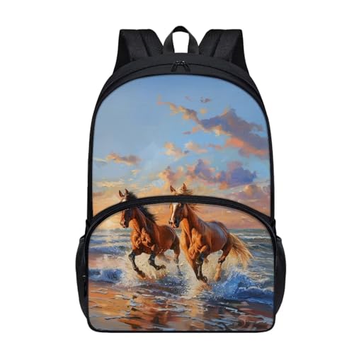 Talayituse Beach Horse Print Backpack for Kids Girls, Lightweight Shoulder Bags Bookbag Student Schoolbag Large Capacity Daypack with Adjustable Strap for Travel Hiking - color: Beach Horse