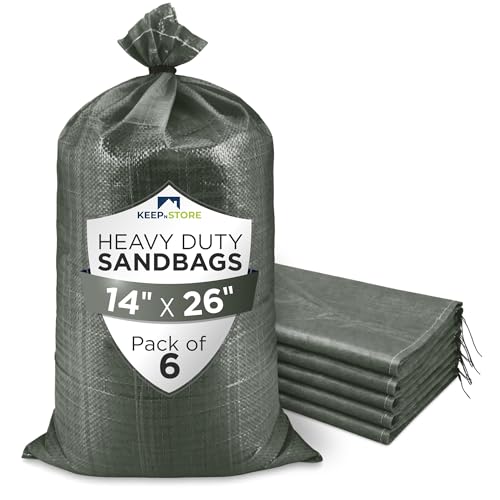 Heavy Duty Sand Bags Pack of 6, Army Green Empty Sandbags with Built-In Ties, Woven Polypropylene UV Protection 1600 Hours, Fillable Bags for Flood Control, Weight, 14x26 inches, 50 Pounds Volume - size: 14"W x 26"L, style: Pack of 6
