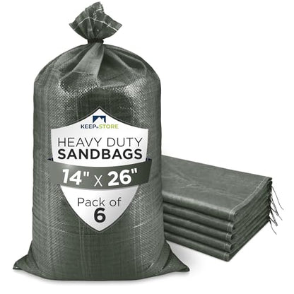 Heavy Duty Sand Bags Pack of 6, Army Green Empty Sandbags with Built-In Ties, Woven Polypropylene UV Protection 1600 Hours, Fillable Bags for Flood Control, Weight, 14x26 inches, 50 Pounds Volume - size: 14"W x 26"L, style: Pack of 6