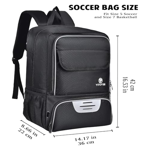 Youth Soccer Bag, Soccer Backpack with Ball Holder, Basketball Volleyball Football Handball Sports Backpack with Ball Compartment - color: Black