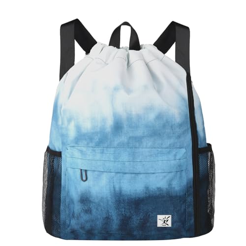 Drawstring Backpack with Mesh Pockets String Gym Bag Sackpack Sandproof Water Resistant Beach Backpack for Men Women - color: Gradient Blue