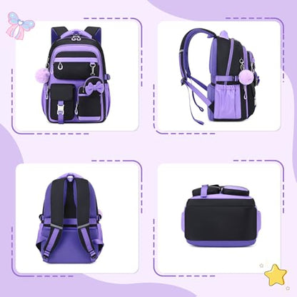 MUSEVOS Kids Teenage Girls Backpack, Elementary/Middle/High Schoolbag, Multi-Compartment Water-resistant Cute Bookbag, 17inch - color: Black-purple