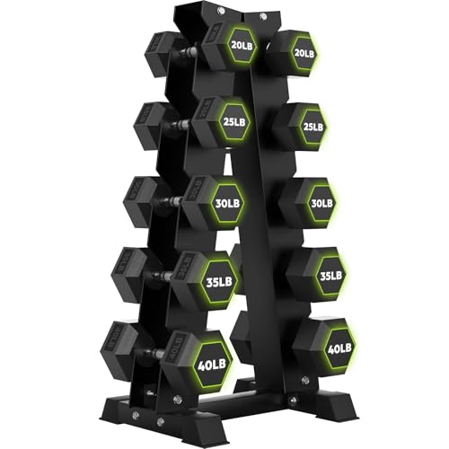 HANDBODE Rubber Coated Hex Dumbbell Set with A-Frame Rack, 100 lb - 600 lb Multiple Options Weight, Hexagon Non-Rolling Shape, Ergonomic Knurled Handle, Home Gym Equipment for Strength Training - style: 300 lb (20, 25, 30, 35, 40 lb) X 2 & Rack