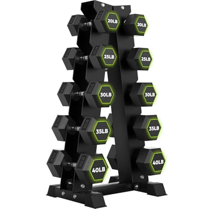 HANDBODE Rubber Coated Hex Dumbbell Set with A-Frame Rack, 100 lb - 600 lb Multiple Options Weight, Hexagon Non-Rolling Shape, Ergonomic Knurled Handle, Home Gym Equipment for Strength Training - style: 300 lb (20, 25, 30, 35, 40 lb) X 2 & Rack