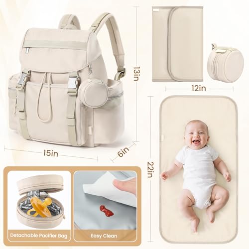 Diaper Bag Backpack with Changing Pad, Pacifier Case & Stroller Straps, Insulated Pockets Water Resistant Travel Essentials Baby Bag Multipurpose Travel Back, Big Storage in a Small Footprint - color: Khaki Gray