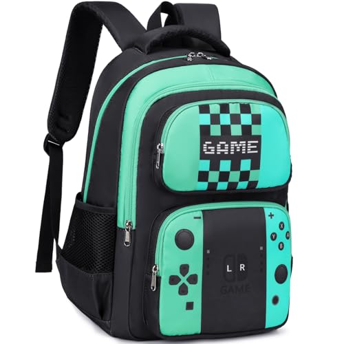 JIANYA School Backpack for Boys and Girls Elementary Children's School Bag Kids Backpack with Lunch Box - color: Gamer/ Green