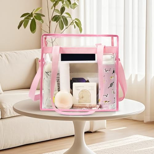 BAGAIL Clear Bags 12x6x12 Stadium Approved Clear Tote Bag with Zipper Closure Crossbody Shoulder Bag with Adjustable Strap - color: Sakura Pink