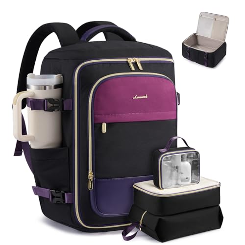 LOVEVOOK 40L Travel Backpack Carry on Flight Approved, Personal Item Bag with 3 Packing Cubes, Travel Backpack for Women Fits 17" Laptop, Water-resistant Carry On Bag for Airplanes - color: Purple & Black, size: 40L-4PCS