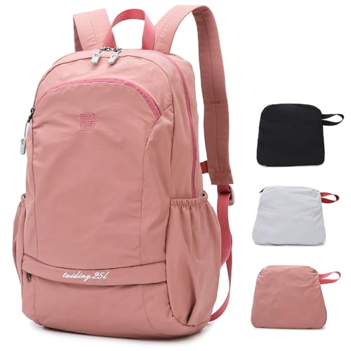 25L Pink Collapsible Hiking Backpack with Chest Strap for Women, Foldable Daypack with Waterproof Wet Pocket for Travel - color: Pink