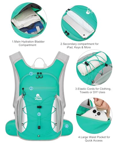 Hydration Backpack with 2L Water Bladder - Lightweight 15L Daypack with Phone-Sized Hip Belt Pockets, Anti-Chafe Cotton Edging & No-Bounce Straps - Small Water Backpack for Hiking, Running, Skiing - color: Emerald green