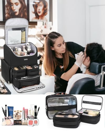 Relavel Makeup Backpack Large Makeup Bag with 3 Clear Set Bags, Dual Layer Professional Cosmetic Organizer Travel Train Case Makeup Artist Kit with Adjustable Dividers & Easy to Clean Lining, Black - color: Black, size: Large