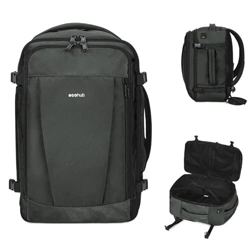ECOHUB Travel Backpack 18x14x8 Spirit Airlines Personal Item Bag Carry On Backpack 13 Pockets Large Work Casual Daypack for men Airline Approved Waterproof Gym Backpack with Charging Port, Gray - color: Gray-green, size: 18 inch underseat