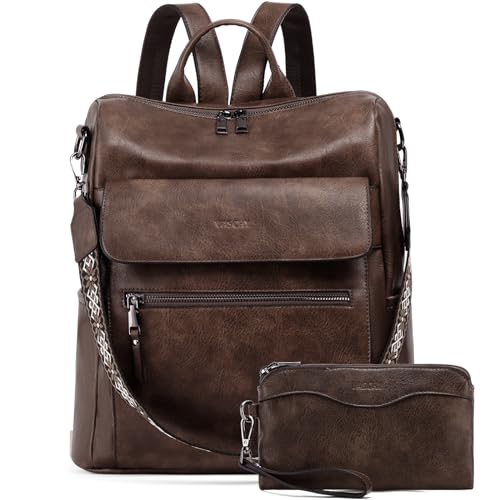 VASCHY Backpack Purse for Women, Large Vegan Leather Backpack Purse with Wallet Pouch Set Convertible Handbag for Ladies Guitar Strap Coffee - color: Coffee
