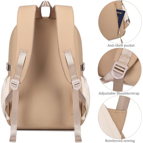 JIANYA Laptop Backpack for College Women Travel Backpack Big Student School Bag, Water Resistant Fits 15.6" Notebook - color: Khaki+beige