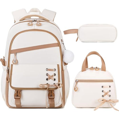 Scothen 3PCS Girls Backpack for School, Kids Backpack for Girls with Lunch Bag Pencil Case, Kids Bookbag Teen Backpacks for Elementary Middle High School - color: Beige