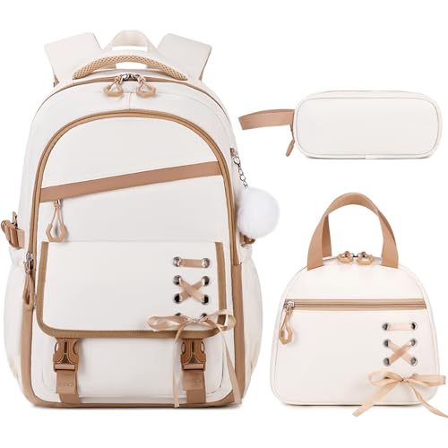 Scothen 3PCS Girls Backpack for School, Kids Backpack for Girls with Lunch Bag Pencil Case, Kids Bookbag Teen Backpacks for Elementary Middle High School - color: Beige