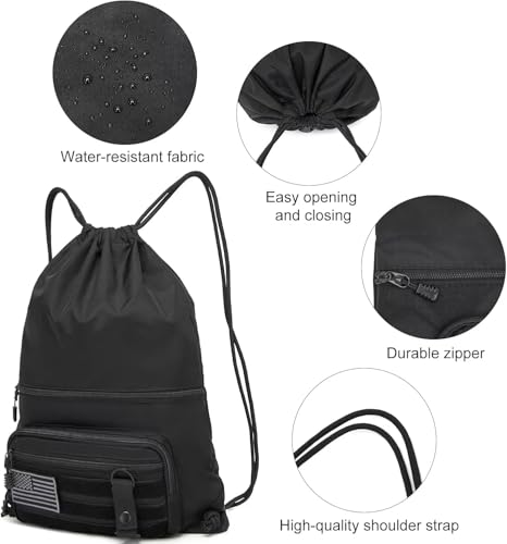 seyfocnia Drawstring Backpack Tactical String Bag with Zipper Pockets Waterproof Cinch Bag Sport Gym Sackpack - Black - color: Black, style: Leisure