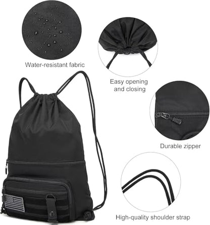 seyfocnia Drawstring Backpack Tactical String Bag with Zipper Pockets Waterproof Cinch Bag Sport Gym Sackpack - Black - color: Black, style: Leisure
