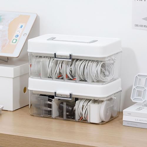 Large Cable Organizer Box with Lid, Plastic Cord Storage Case with Handle and Wire Ties for Home Office, Phone Charger, Art Crafts, Stationery - size: 1 Pack