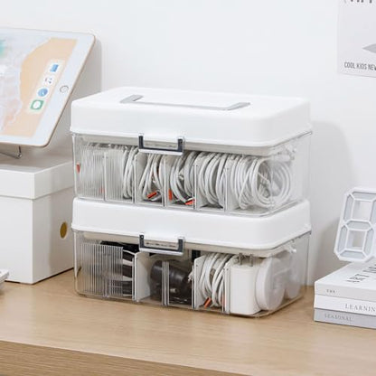 Large Cable Organizer Box with Lid, Plastic Cord Storage Case with Handle and Wire Ties for Home Office, Phone Charger, Art Crafts, Stationery - size: 1 Pack