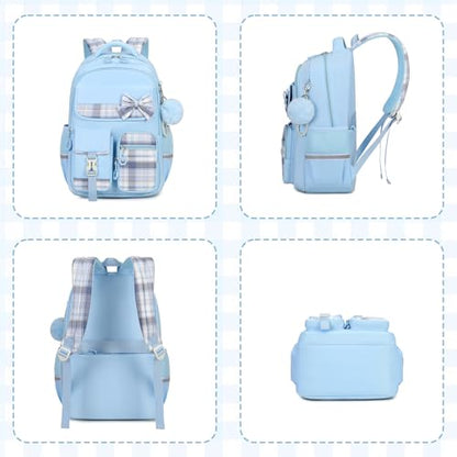 MOONBABY Girls Backpack, Kids Backpack for Girls School Bags with Pen Case, Bow Plaid Book Bag for Elementary Middle Primary High School College, Blue-2pcs - color: Blue