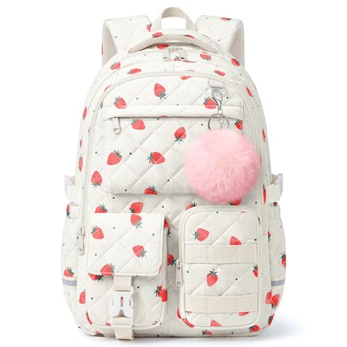 Quilted Backpack for Teen Girls, Cute Strawberry School Backpack with Multi-Pocket Design, Lightweight Cotton Bookbag Fits 15.6" Laptop, Large Capacity Aesthetic Backpack with Plush Charm - color: Strawberry