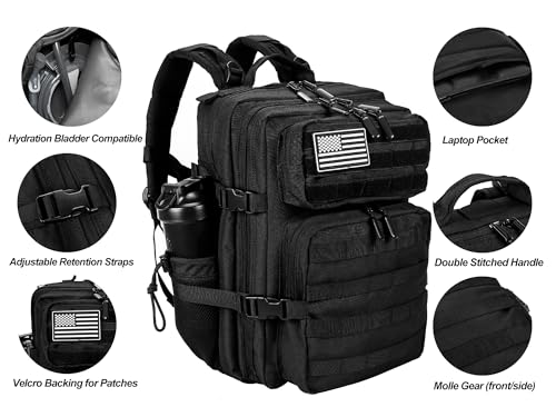 LHI Tactical Military Backpack for Men and Women 25L/35L Army Assault Pack Bag Small Rucksack with Bottle Holder - color: 35l-black, size: Medium