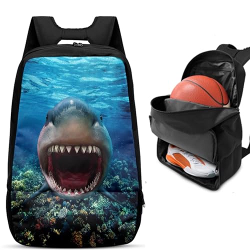 Basketball Backpack With Separate Ball Compartment And Shoes Fit Basketball Volleyball Football - color: Great White Shark