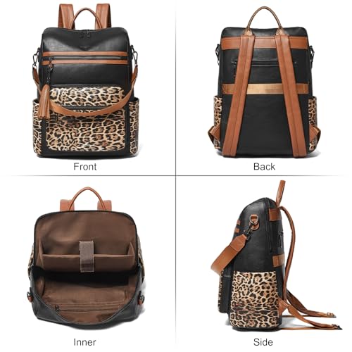 Shrrie 15.6 inch Laptop Backpack for Women,Large Leather Purse,Travel Backpacks Carry on,Water Resistant Casual Laptop Backpacks,College Backpack,Work Backpack for Women,Two-toned Deep Gray - color: Black With Leopard