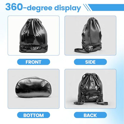 Sports Drawstring Backpack for Women, Pearlized Waterproof Swim Gym Bag with Shoes Compartment and Wet Proof Pocket, Pull String Baackpack Beach Cinch,Black