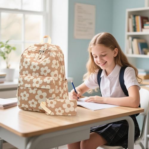 Bluboon School Backpack Set Girls Womens Laptop Bookbag Casual Daypack Fits 15 inch Laptop with Lunch Tote Bag and Pencil Bag - color: Beige Flower Brown Base