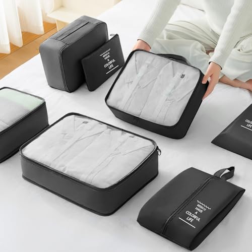 8 Set Packing Cubes For Travel-Travel Essential Carry On Luggage Organizer,Bring Laundry Bag, Shoe Bag, Clothing And Underwear Bag (Black) - color: Black