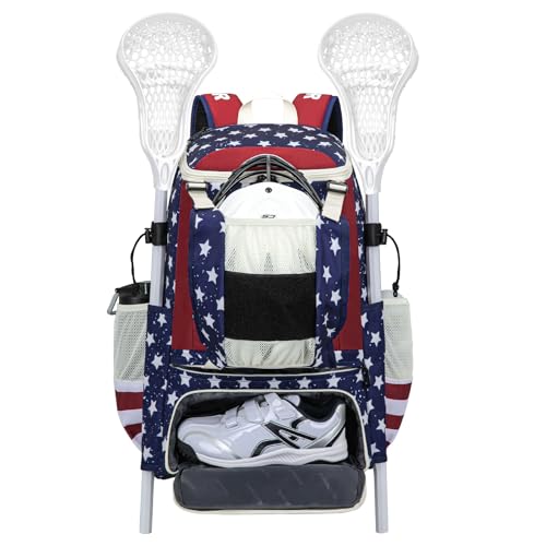 KAVIGOR Lacrosse Bag 65L, Extra Large Lacrosse Gear Backpack with Multi-Pocket Design, Helmet Holder & Ventilated Shoe Compartment - color: Red White & Blue
