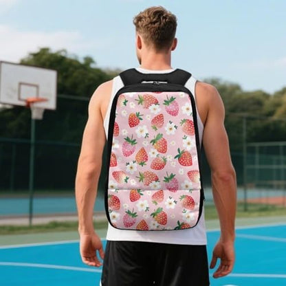 18.5in Basketball Backpack Basketball Bag with Shoe Compartment & Ball Holder, Waterproof Bag for Soccer Volleyball - color: Strawberry Floral Print Pink