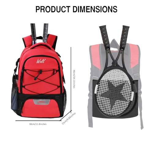 WOLT Tennis Bag - Large Tennis Racket Backpack for Men & Women - Ventilated Shoe Compartment - Holds 2 Rackets - color: Red