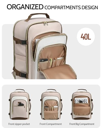 40L Travel Backpack for Women, Carry On Bag Flight Approved, Waterproof Backpack with 3 Packing Cubes, Weekender Personal Item Bag for Airplane Travel Essentials, TSA Approved - color: Blush-beige-dark Brown