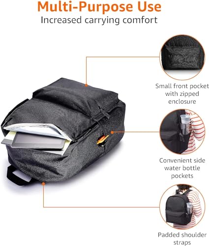 Amazon Basics Backpack for School, Travel, Study with Padded Adjustable Shoulder Straps, Spacious Compartment, Water Bottle Pockets, Durable Classic Design, Black - color: Black, size: 1-Pack