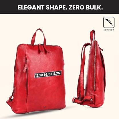 12.5 Inch Genuine Leather Backpack for Women and Men, Red Leather Backpack with Adjustable Shoulder Strap - color: Red